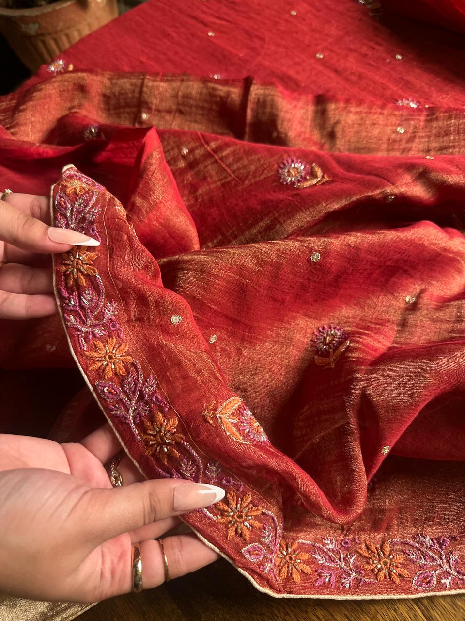 Red Tissue Silk Chikankari Unstitched Fabrics