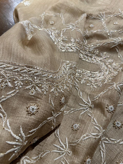Beige Rasm Tussar Kota Chikankari Unstitched Chikankari Fabrics