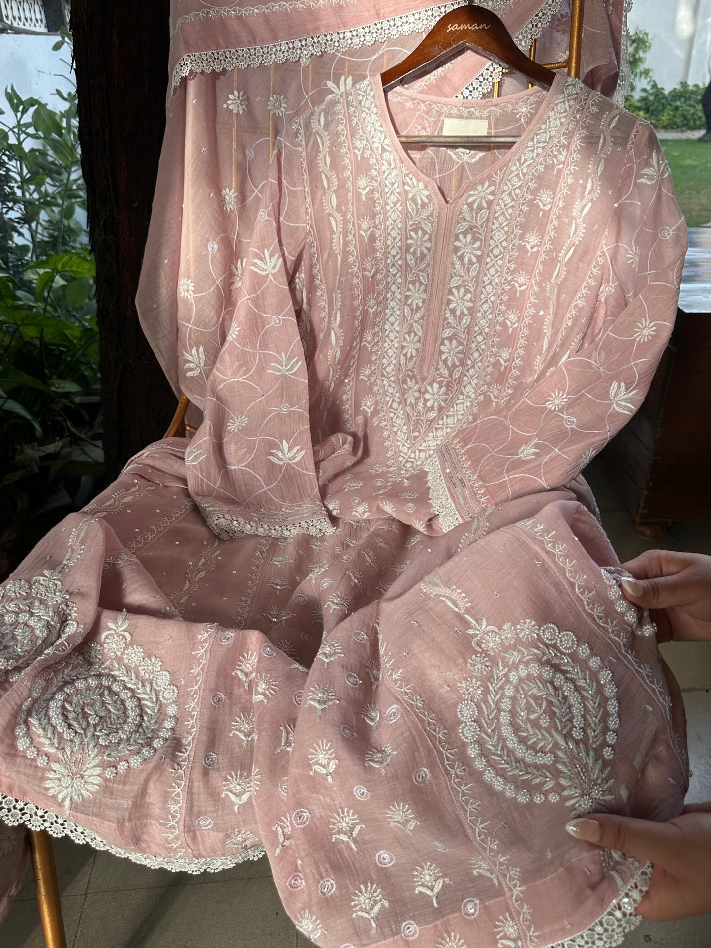 Pink Shade Malmal Pearl Work Chikankari Anarkali