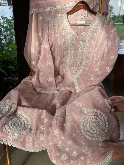 Pink Shade Malmal Pearl Work Chikankari Anarkali