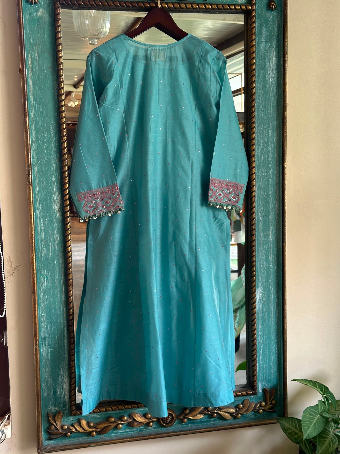 Fountain Blue Sico Chikankari Tux Style Kurta Set with Zardosi Work