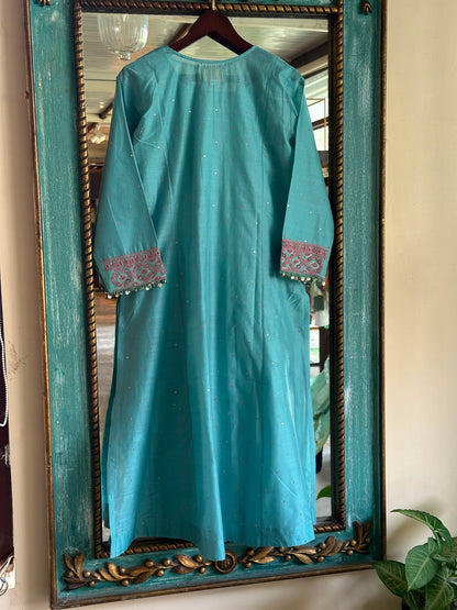 Fountain Blue Sico Chikankari Tux Style Kurta Set with Zardosi Work