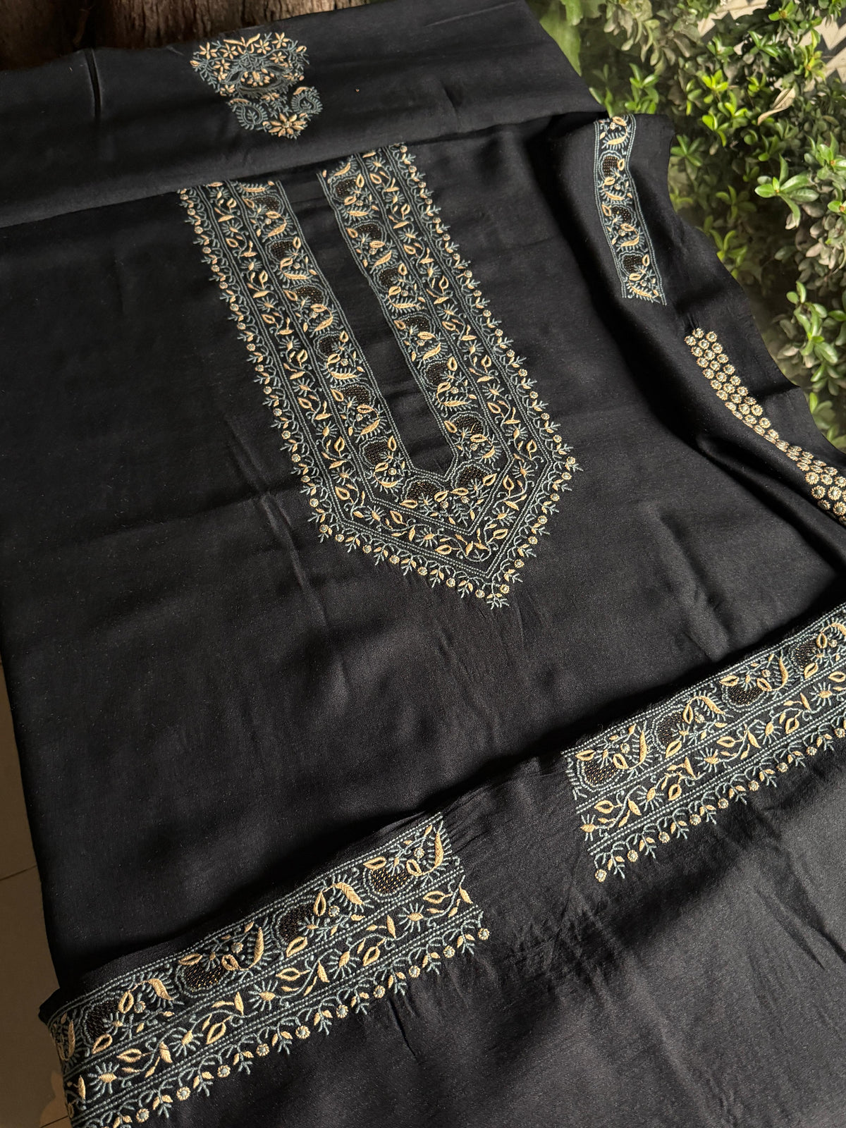 Black Shade Moonga Silk Chikankari Men’s Kurta Fabric