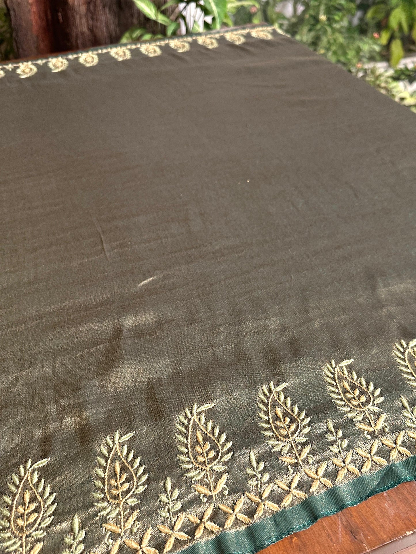 Green & Golden Shade Saman Tissue Silk Fine Chikankari Shawl