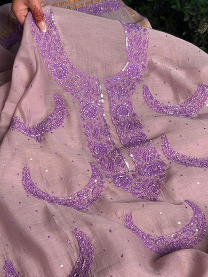Latte Purple Crescent Chandbala Chikankari Unstitched Fabric