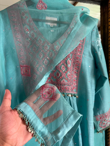 Fountain Blue Sico Chikankari Tux Style Kurta Set with Zardosi Work