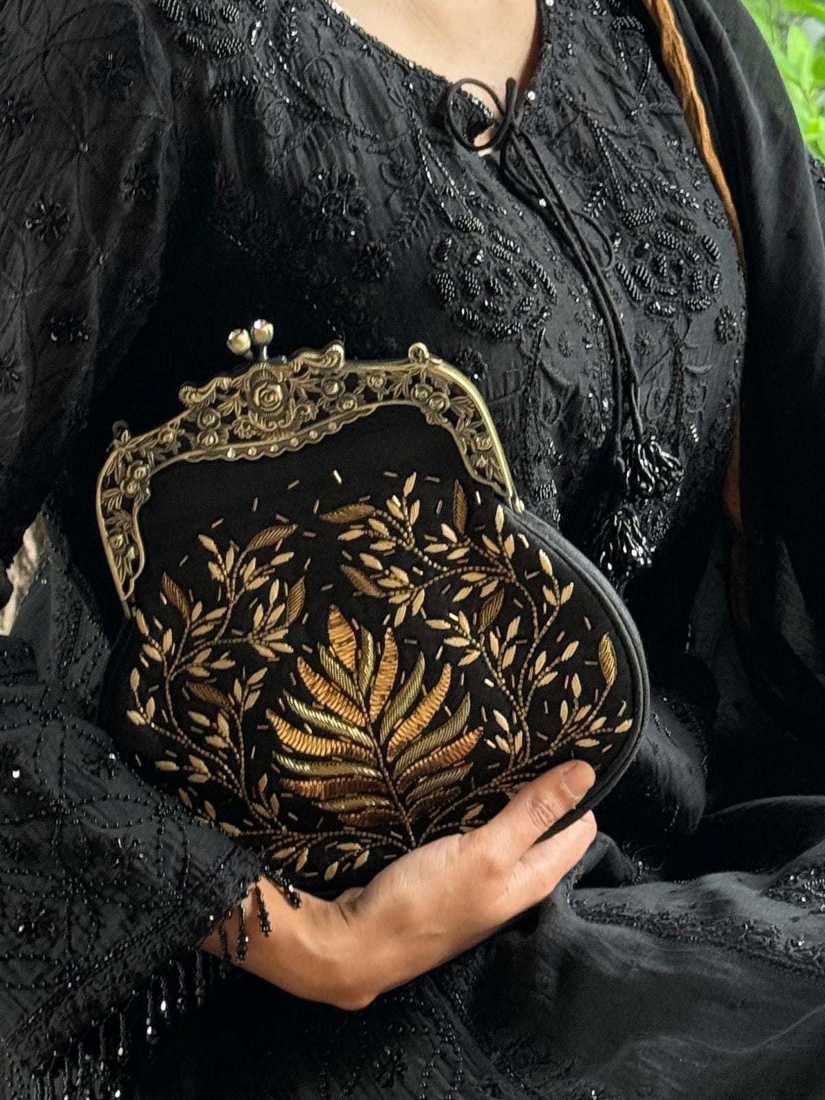 Black Raw Silk Vintage Ari Mukaish Sling Bag