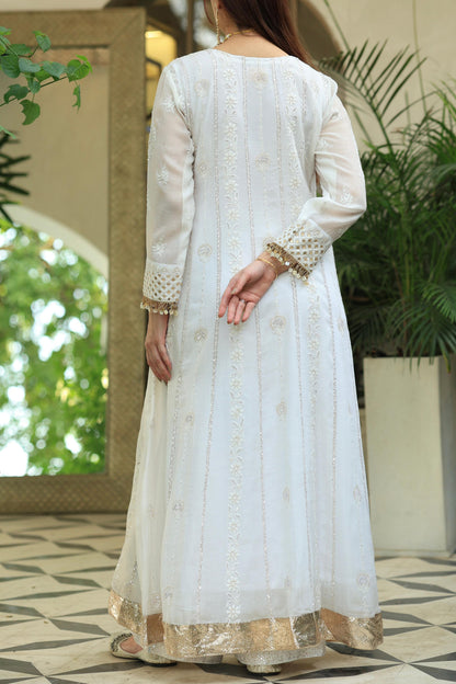 White Malmal Pearl Work Chikankari A Line Kalidar Kurta With Dupatta
