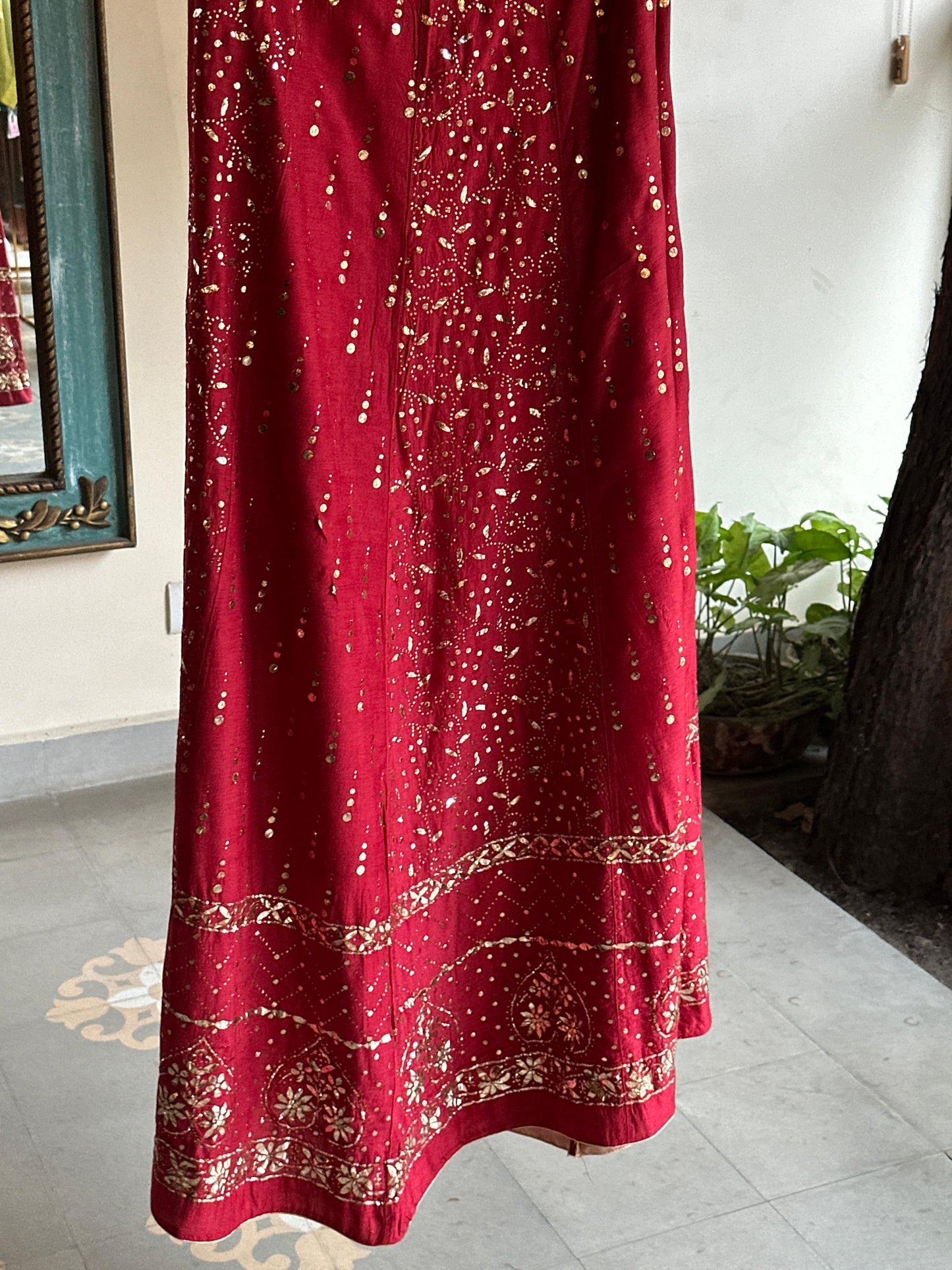 Red Moonga Silk Mukaish Badla Lehenga Set