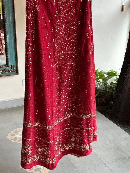 Red Moonga Silk Mukaish Badla Lehenga Set