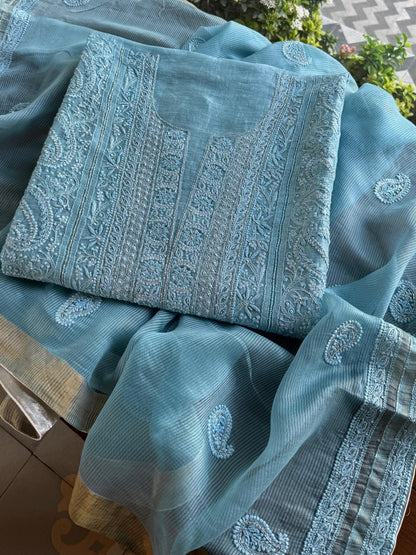 Sky Blue Shade Linen Silk Chikankari With Ari Work Unstitched Kurta Dupatta Set
