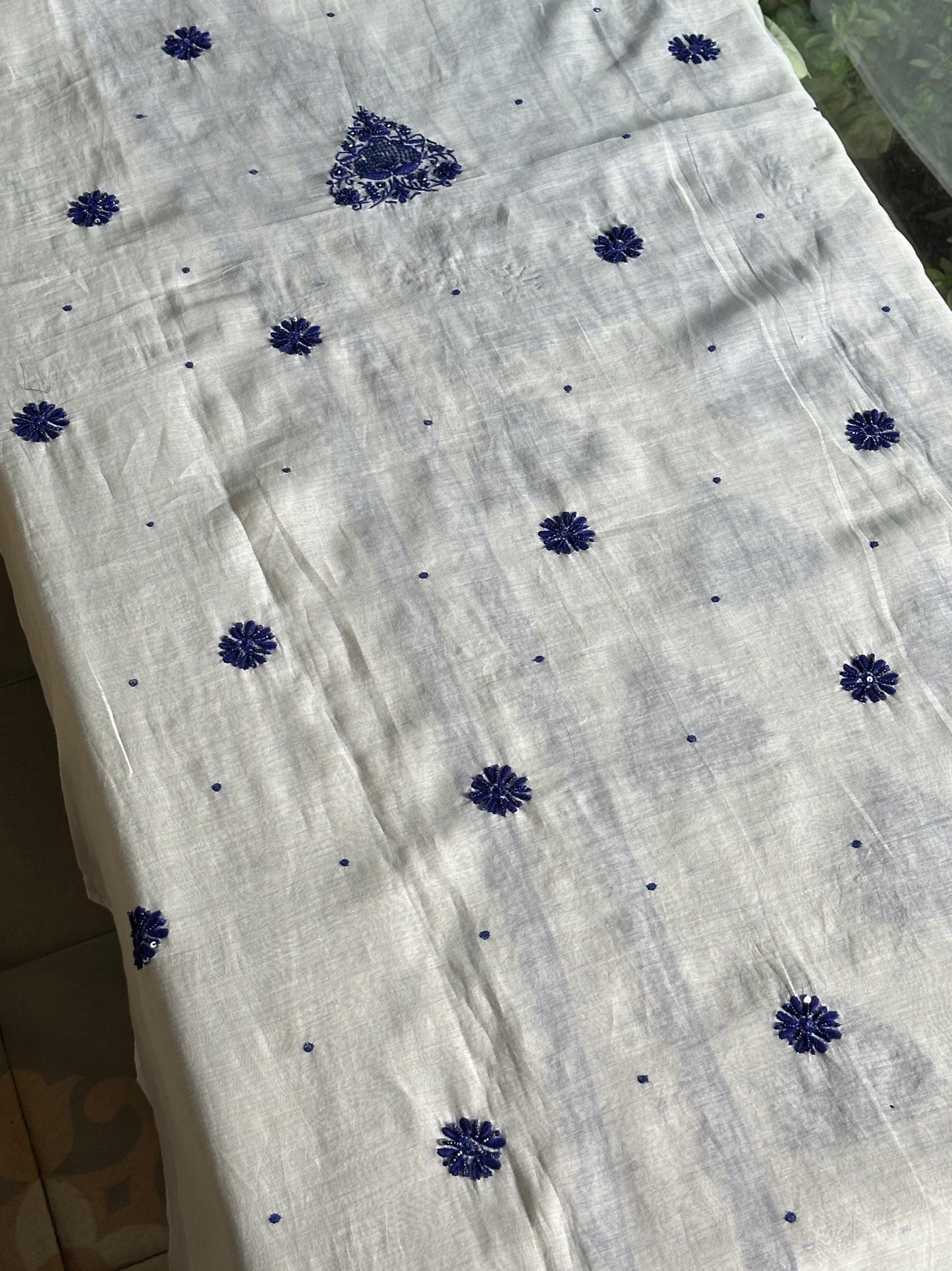 Indigo White Mal Chanderi Silk Chikankari Unstitched Fabric