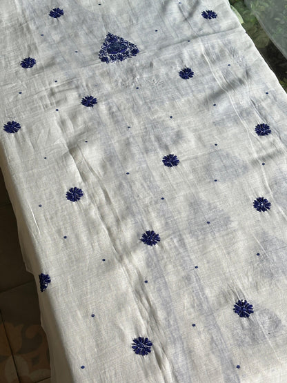 Indigo White Mal Chanderi Silk Chikankari Unstitched Fabric