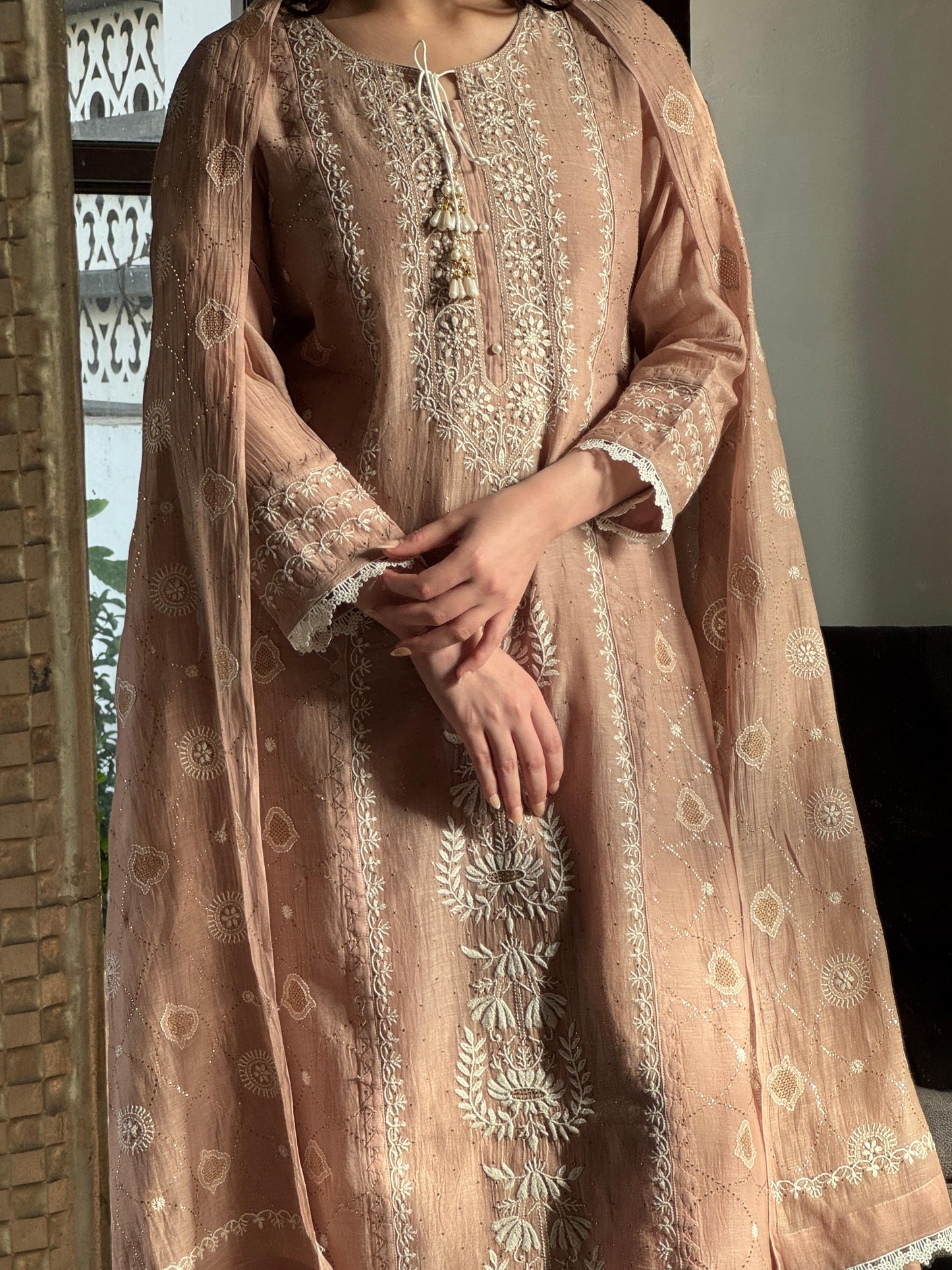 Nude Rose Mul Chanderi Mukaish Kamdani Chikankari Kurta Dupatta Set