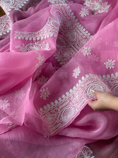 Pink Shade Noor Organza Silk Chikankari Unstitched Kurta Dupatta Set