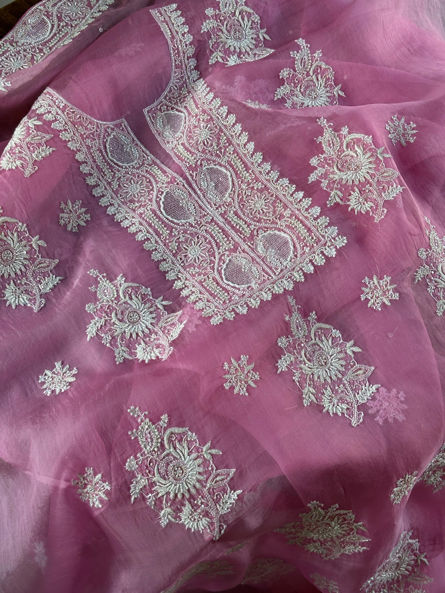 Pink Shade Noor Organza Silk Chikankari Unstitched Kurta Dupatta Set
