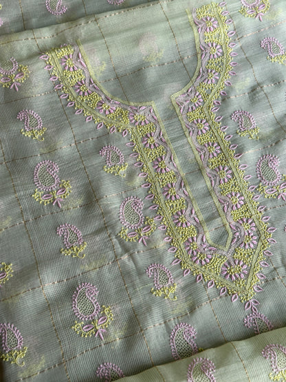 Olive Green Shade Tissue Zari Kota Chikankari Unstitched Fabric