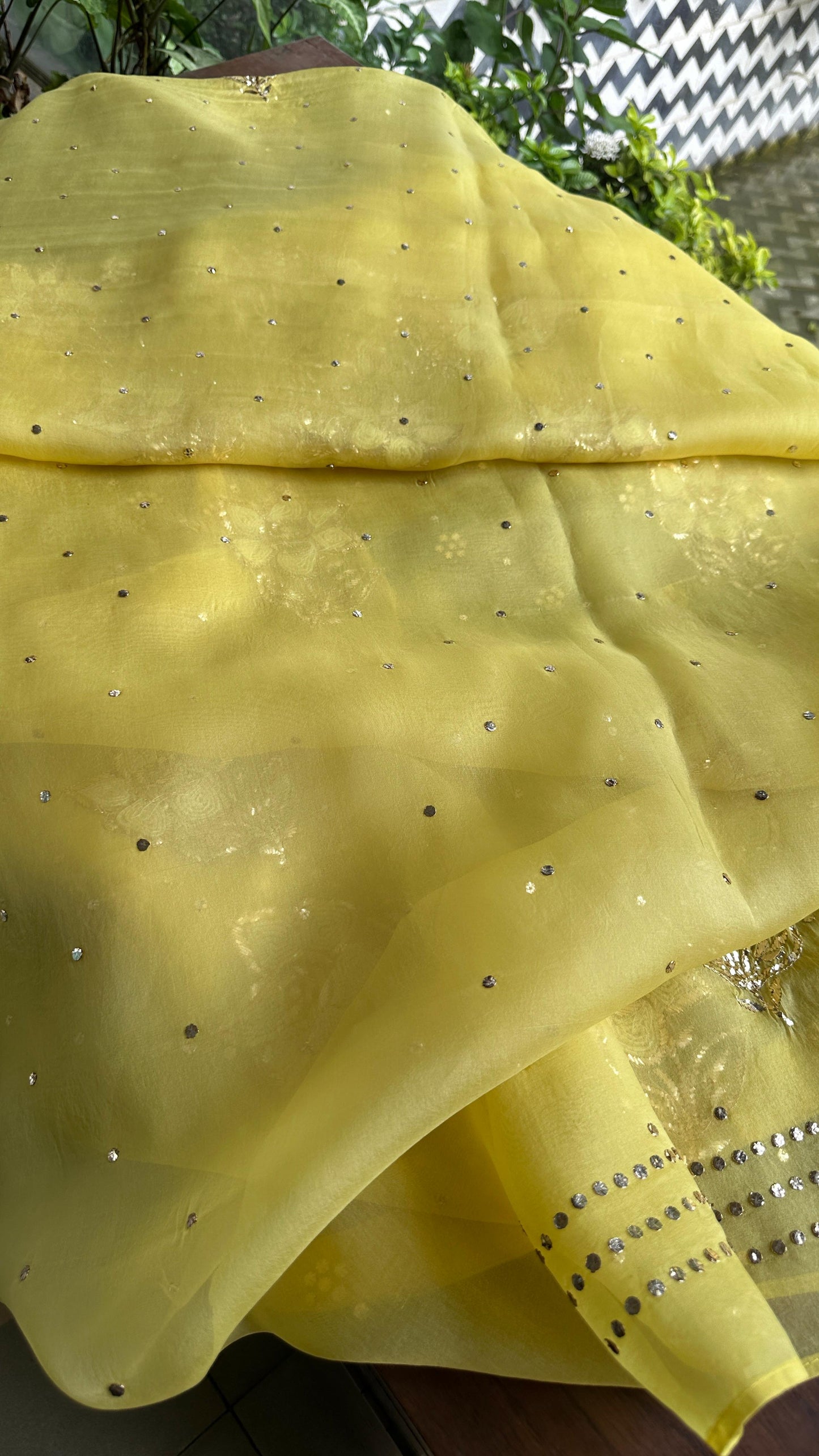 Yellow Noor Organza Silk Mukaish Pearl Chikankari Unstitched Fabric