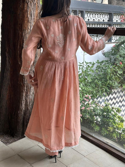 Peach Shade Malmal Mukaish Kamdani Kurta Set