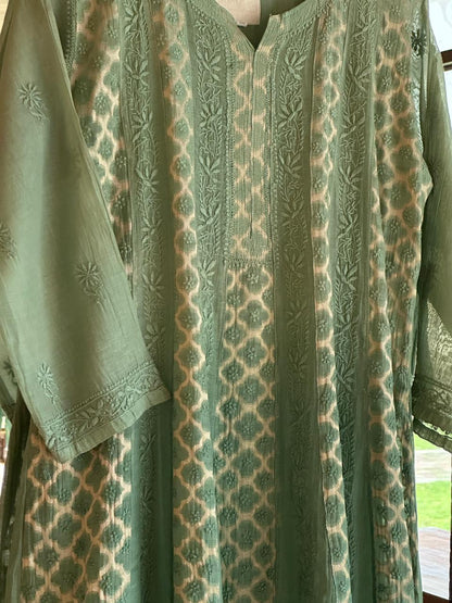 Green Zari Chanderi Chikankari A Line Kurta with Slip