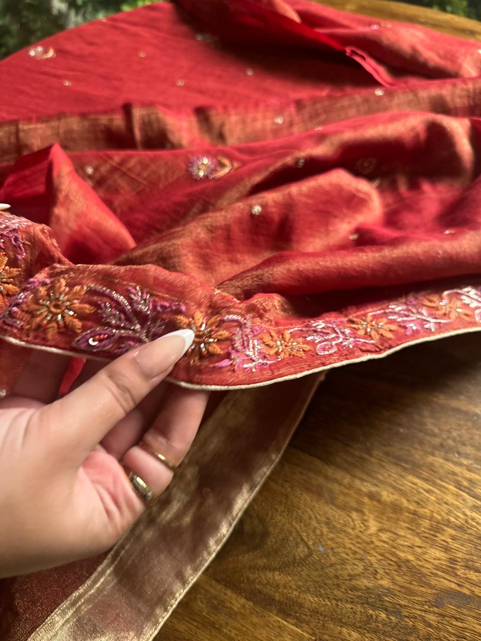 Red Tissue Silk Chikankari Unstitched Fabrics