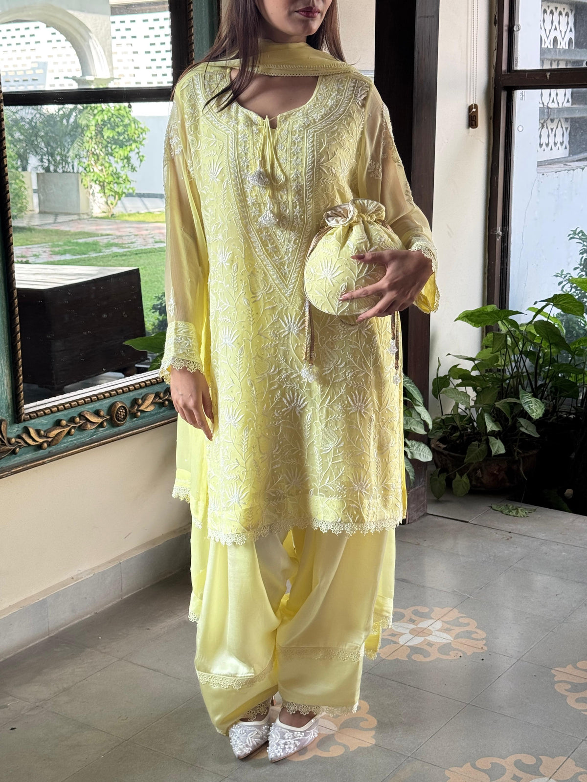 Chiffon Chikankari Sequinned Farshi Salwar with Potli Set