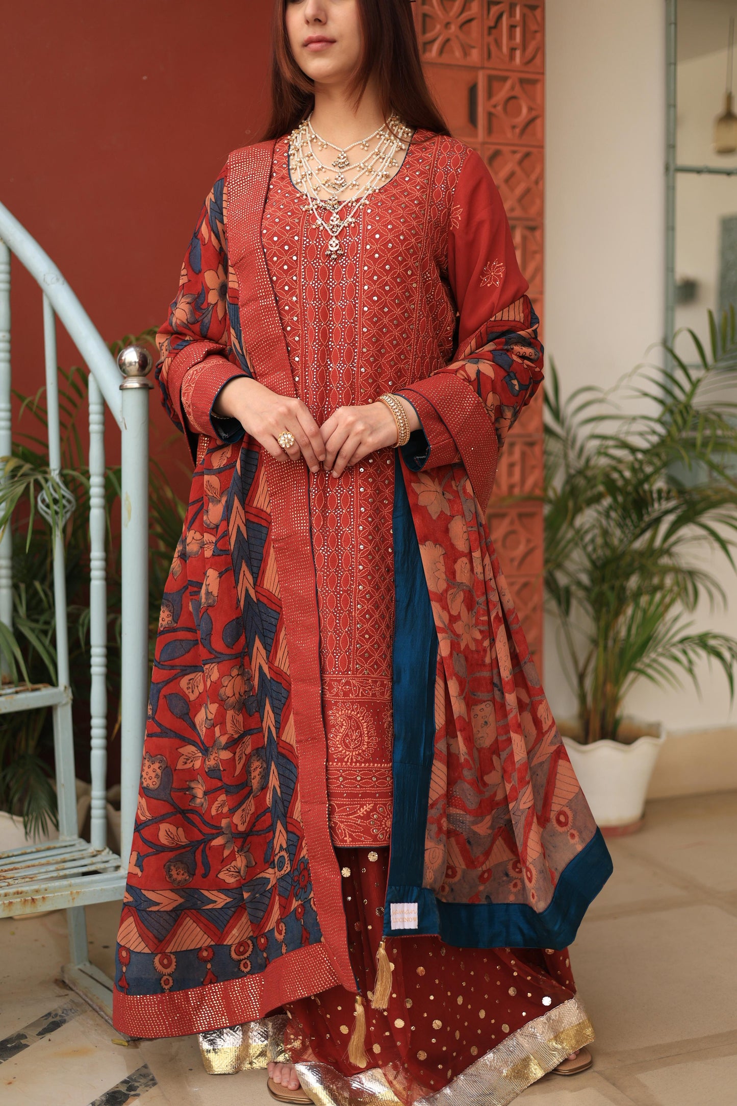 Madder Rust Red Chikankari Pure Georgette Kurta Gharara Set with Kalamkari Dupatta