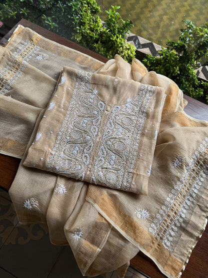 Beige Shade Banarasi Zari Chanderi Unstitched Chikankari Fabric