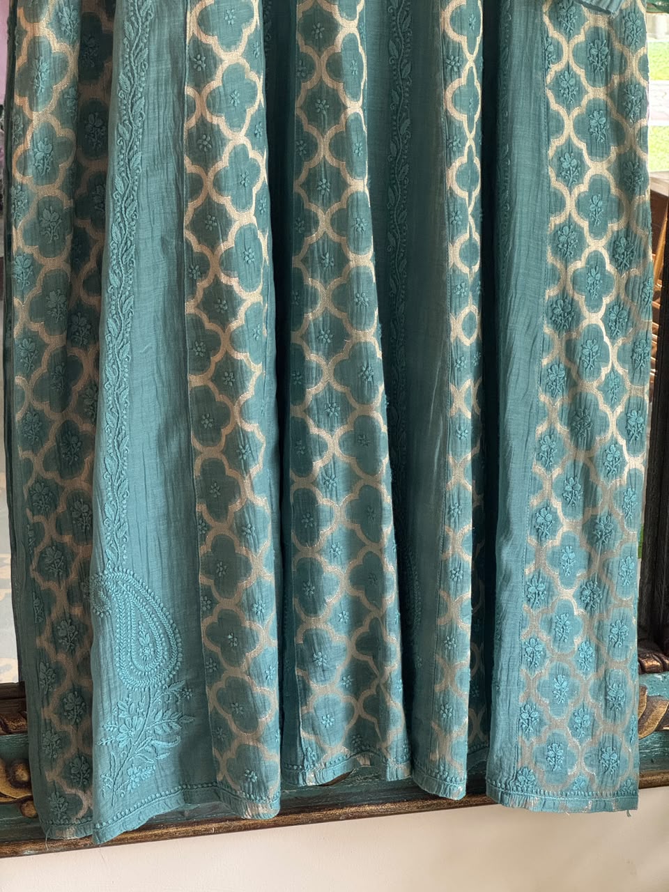 Sea Green Zari Chanderi Chikankari A Line Kurta with Slip