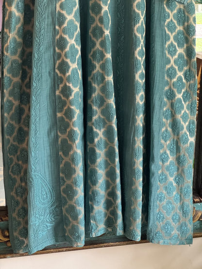 Sea Green Zari Chanderi Chikankari A Line Kurta with Slip