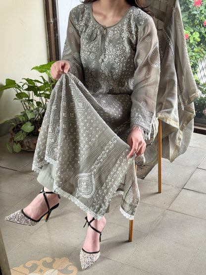 Slate Grey Shade Malmal Pearl Work Chikankari Anarkali