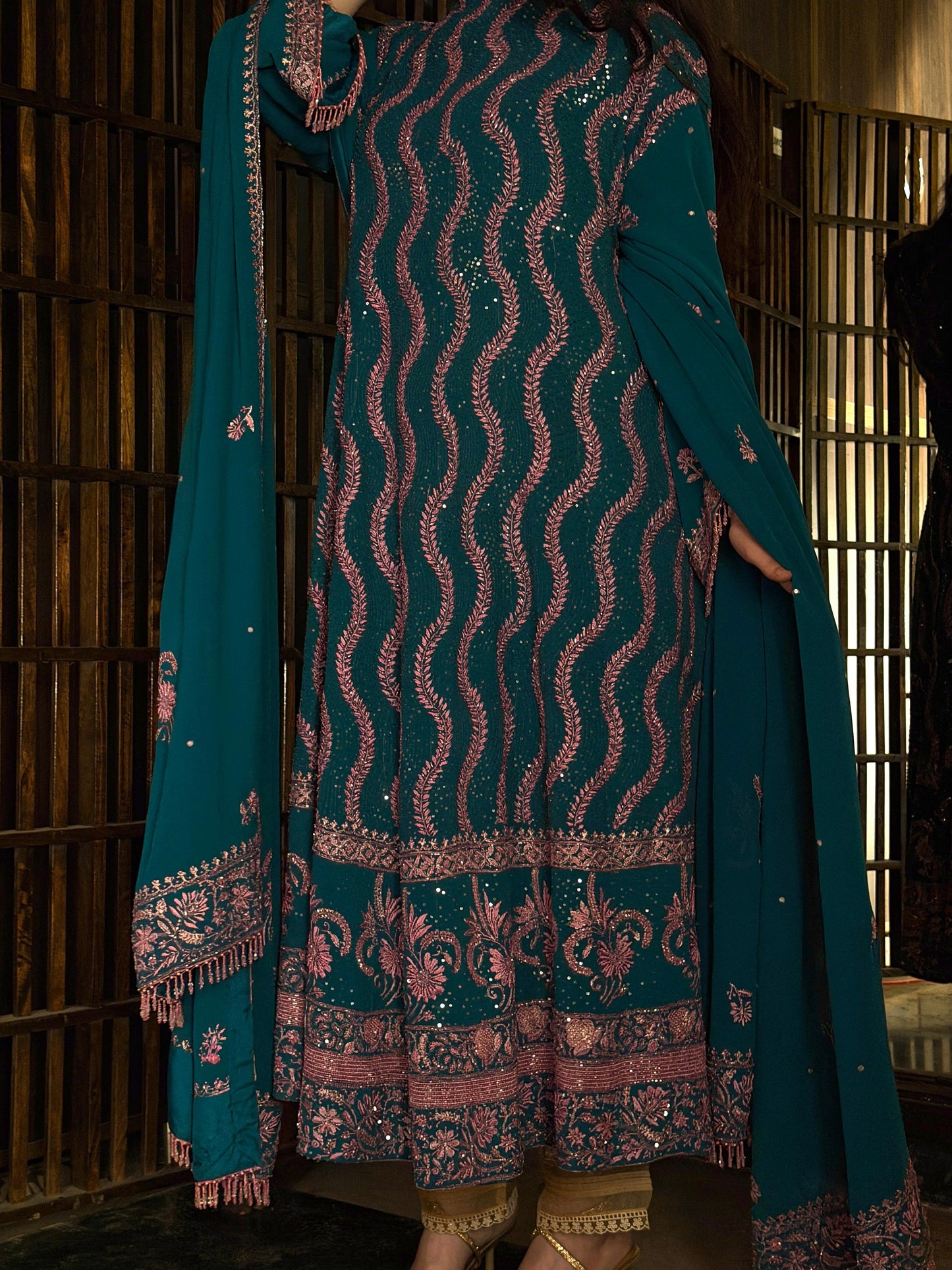 Prussian Blue Sequinned Georgette Chikankari Anarkali