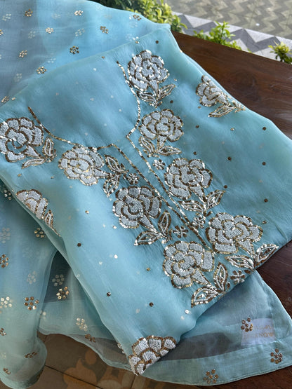 Blue Noor Organza Silk Mukaish Pearl Chikankari Unstitched Fabric