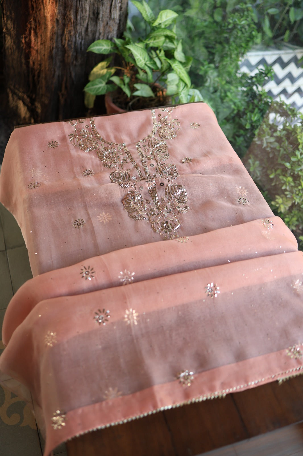 Coral Peach Shade Noor Organza Silk Badla Unstitched Kurta Dupatta Set