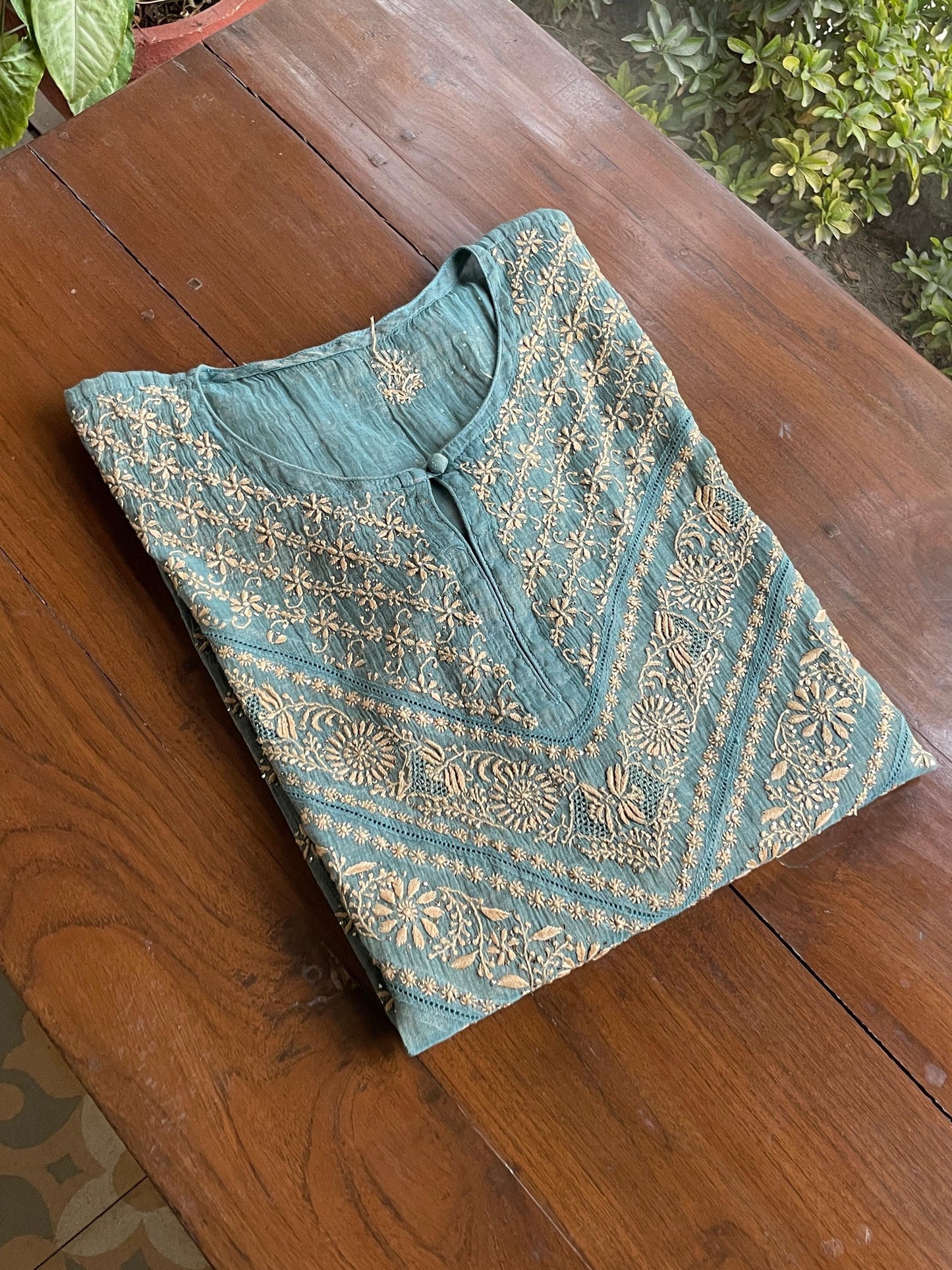 Grey Blue Shade | Tissue Silk Chikankari Work Kurta Set