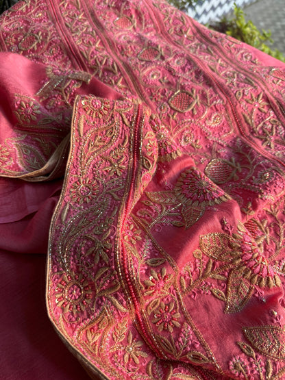 Pink Moonga Silk Chikankari Unstitched Fabric