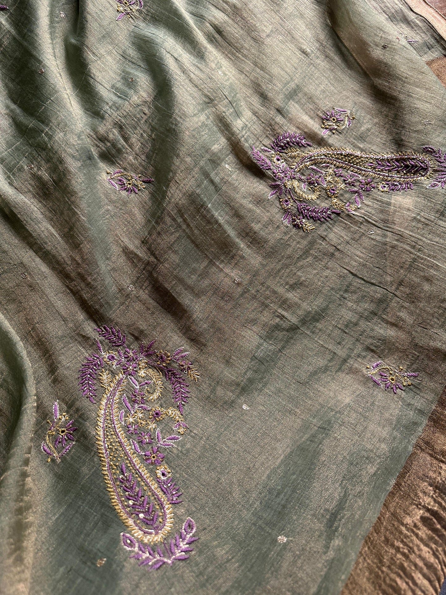 Sage Green & Purple Tissue Silk Chikankari Unstitched Fabric