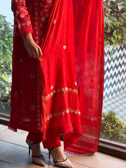 Red Mul Chanderi Mukaish Kamdani Chikankari Stitched Kurta Dupatta Set
