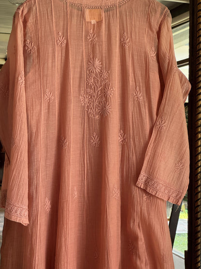 Coral Peach Zari Chanderi Chikankari A Line Kurta with Slip