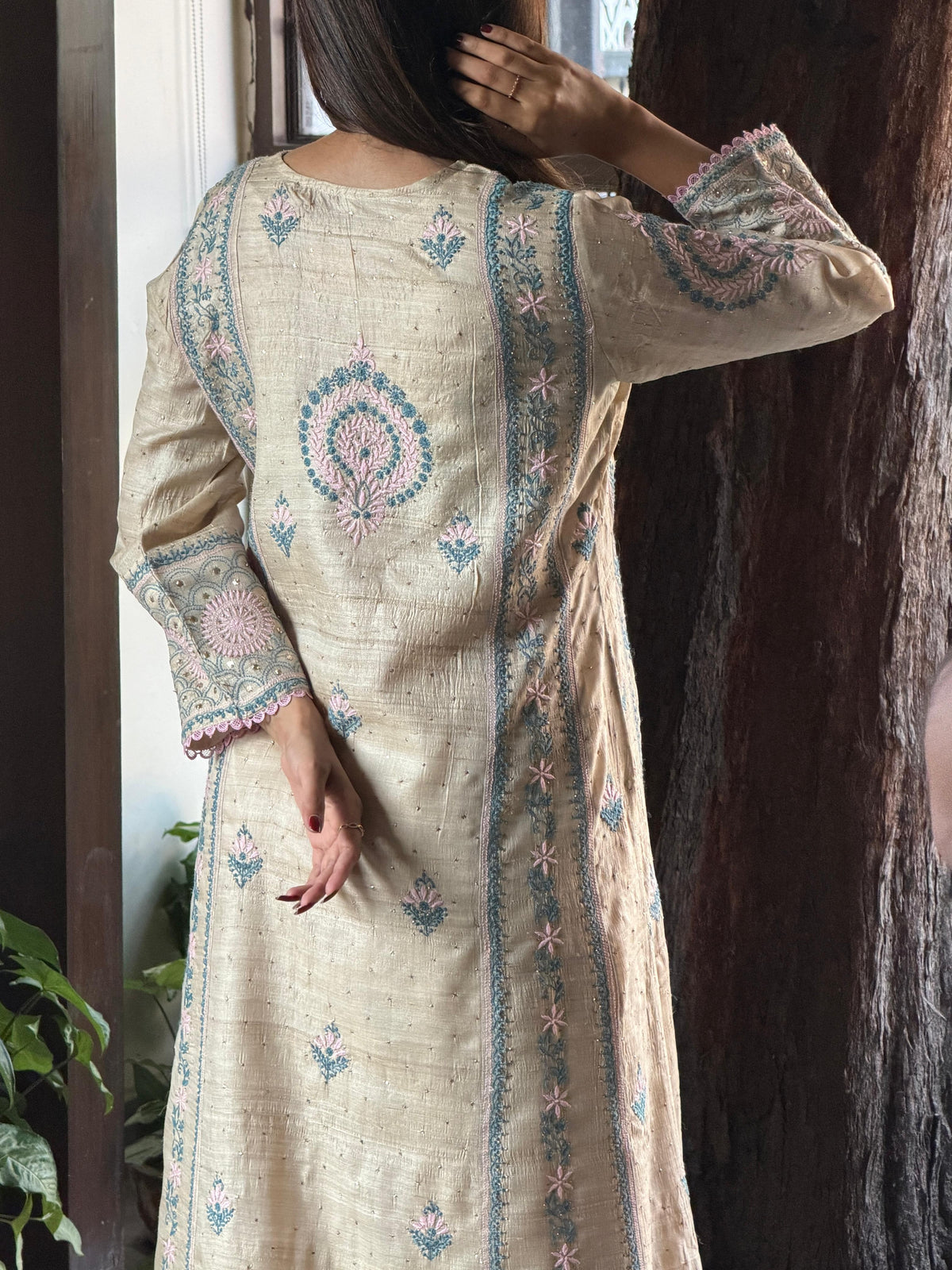 Basak Pink & Blue Natural Tussar Silk Kalidar Chikankari Kurta Set