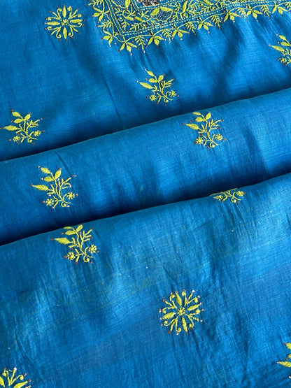 Blue & Green Shade Mal Cotton Chikankari Unstitched Kurta Dupatta Fabric With Mukaish Badla