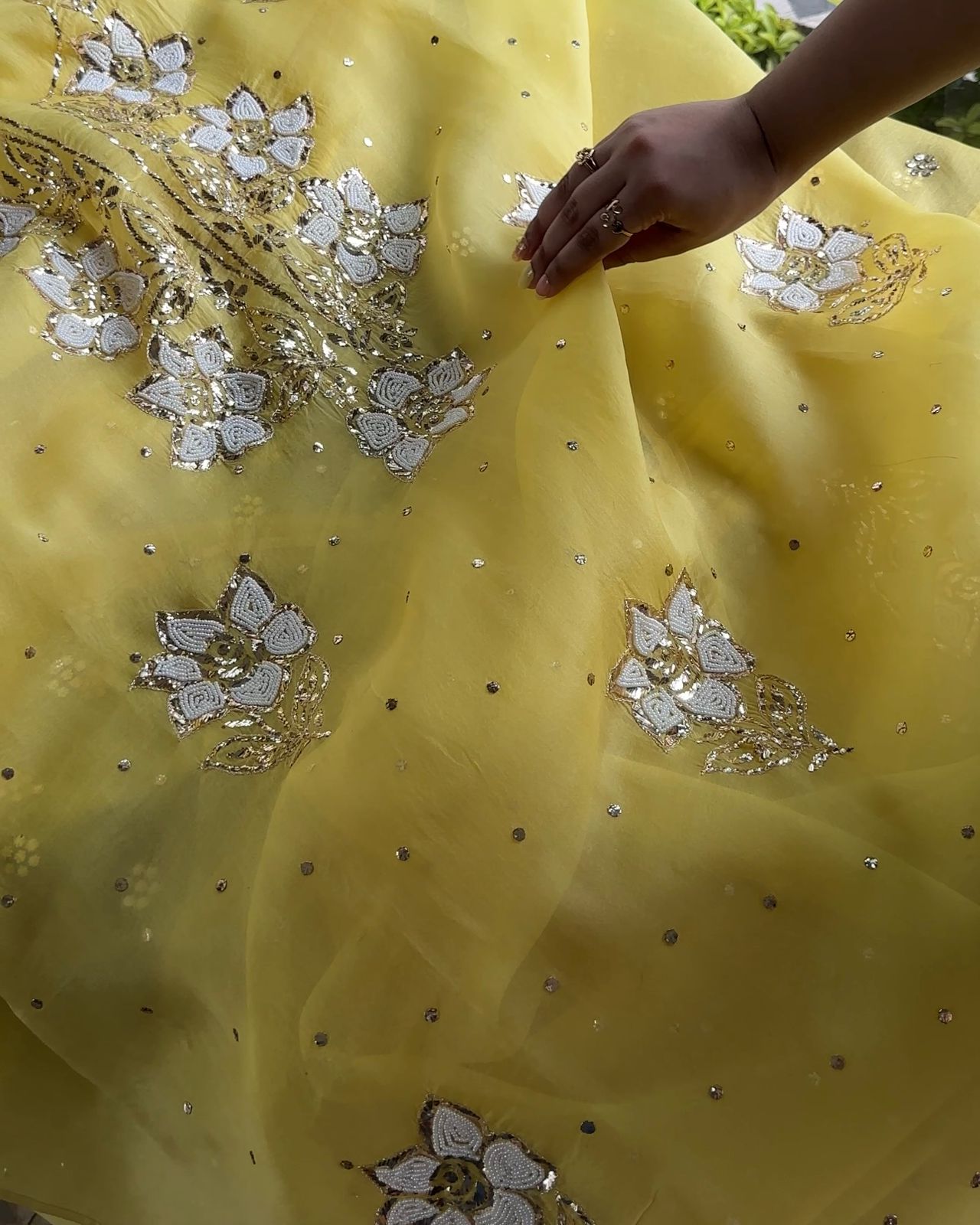 Yellow Noor Organza Silk Mukaish Pearl Chikankari Unstitched Fabric