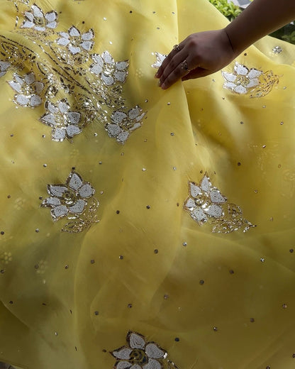 Yellow Noor Organza Silk Mukaish Pearl Chikankari Unstitched Fabric