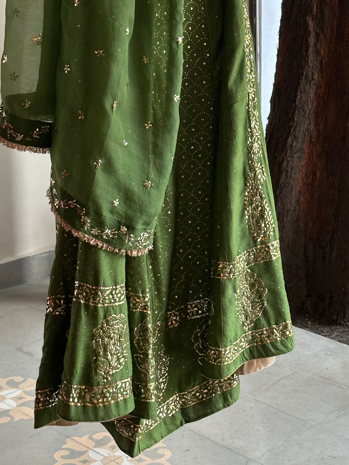 Green Moonga Silk Mukaish Badla Lehenga Set