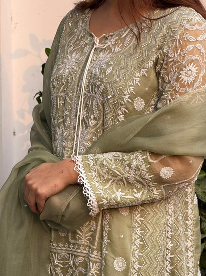 Green Noor Organza Chikankari Anarkali Kurta With Dupatta