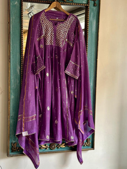 Deep Purple Shade Mukaish Mul Chanderi Silk Dress