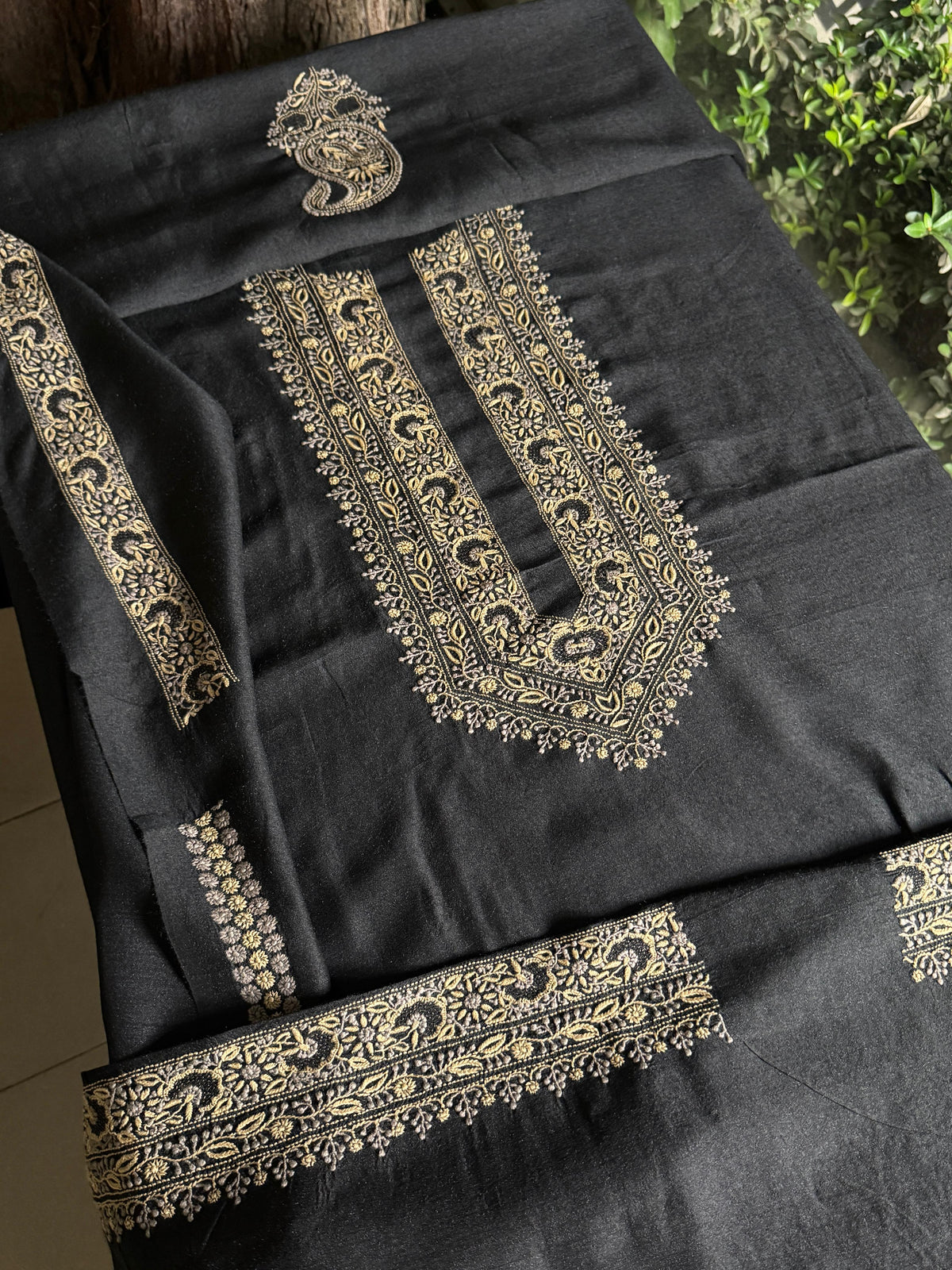 Black Shade Moonga Silk Chikankari Men’s Kurta Fabric