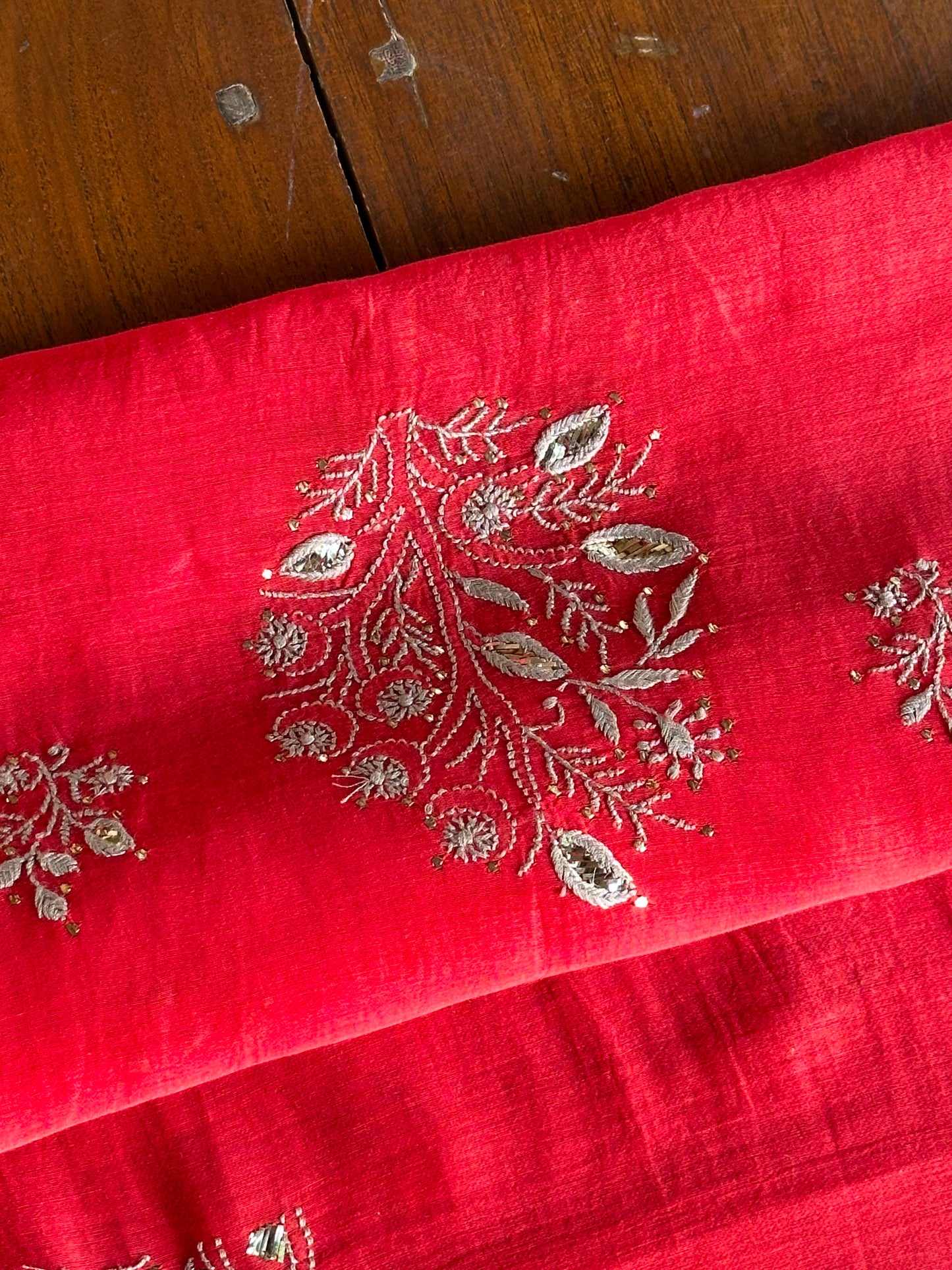 Red Shade Mal Cotton Chikankari Unstitched Kurta Dupatta Fabric With Mukaish Badla