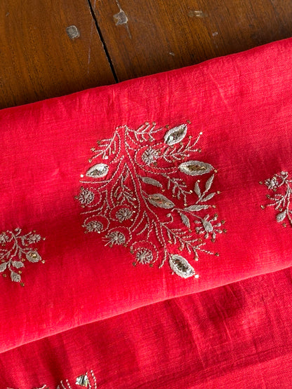Red Shade Mal Cotton Chikankari Unstitched Kurta Dupatta Fabric With Mukaish Badla