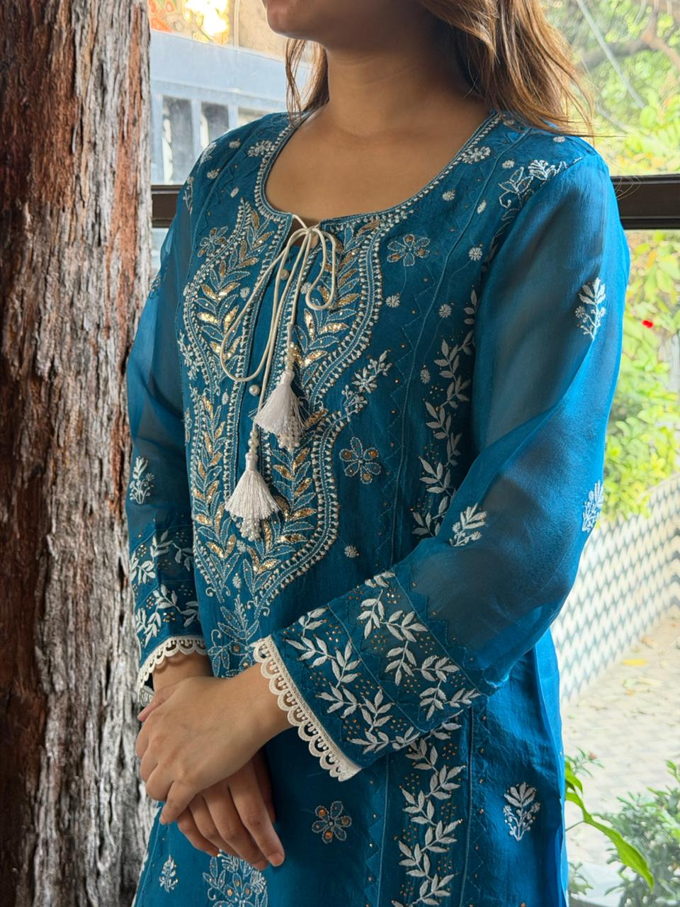 Azure Blue Shade Noor Organza Chikankari Applique Kurta Set